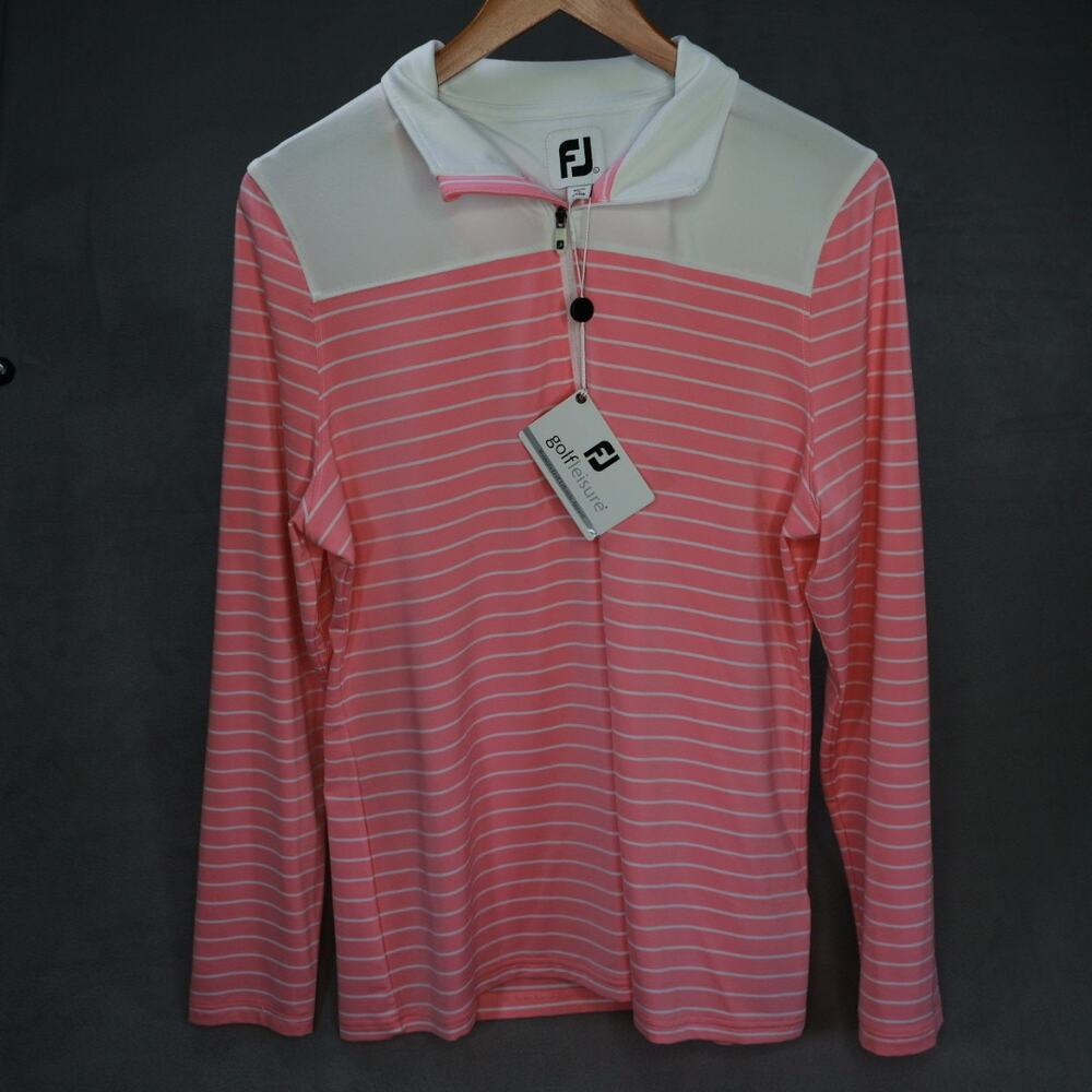 FootJoy Womens Large Half Zip Golf Pullover Pink White Striped Stretch NWT 27540
